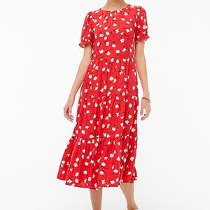J. Crew Red Orange Floral Puff Sleeve Tiered Midi Dress sz.XS
